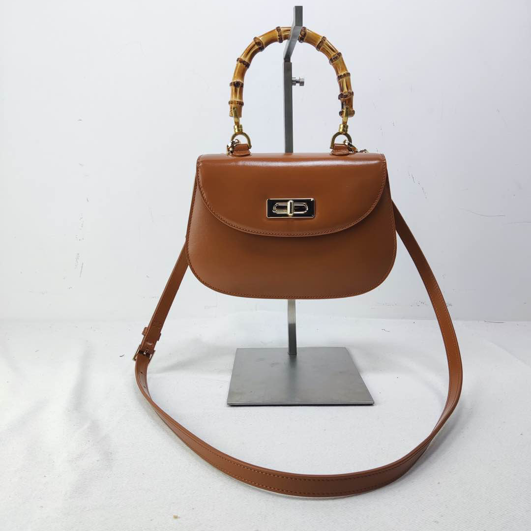 New Fashion Bamboo Handles Cowhide Leather Brown Women Crossbody Bag 