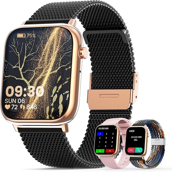 elfofle Reloj Inteligente Mujer con Llamadas, 1,83" HD Pulgadas Pantalla Táctil IP67 impermeable /SpO2 fitness tracker/menstrual ciclo frecuencia cardíaca monitor de sueño para iOS Android (negro oro)