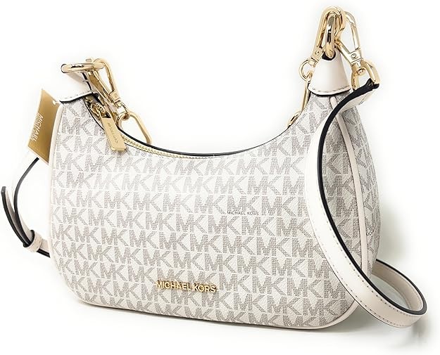 MICHAEL KORS Cora Signature - Bolso cruzado mediano de PVC con cremallera, color crema claro, Lt Cream Multi, Medium