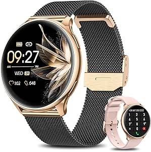 BANLVS Reloj Inteligente Mujer con Llamada Bluetooth 5.2, Smartwatch Mujer IP68 con 120+ Modos Deportes, Función Femenina, Pulsómetro Caloría SpO2 y Sueño, Smartwatch para Android iOS, Negro Oro